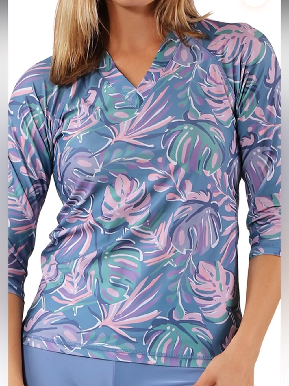 UV Skinz Pastel Palms Women's V-Neck Sunwear UPF 50+ Breathable Swim Shirt Sz XL